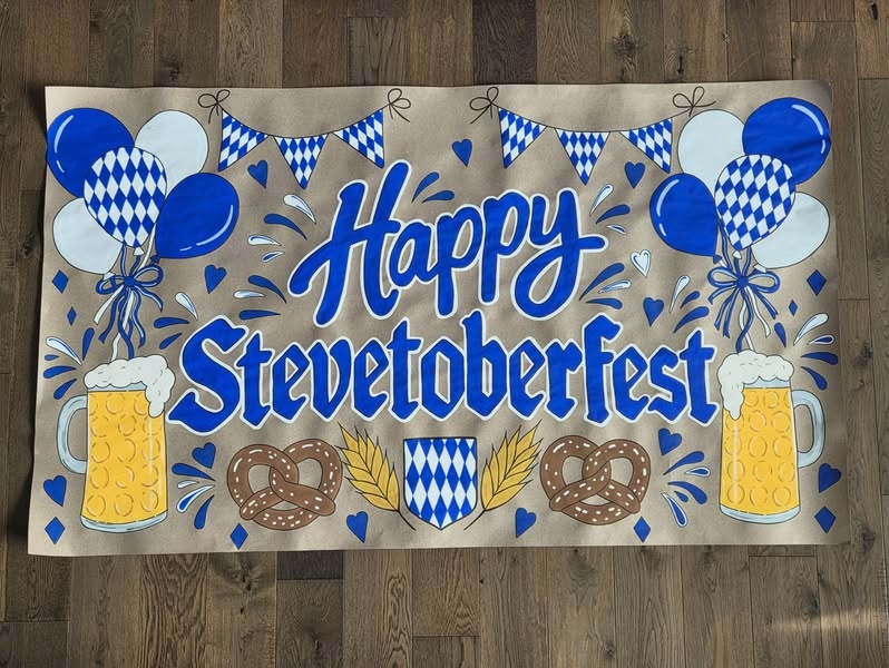 Custom blue and white Happy Stevetoberfest hand-painted birthday banner